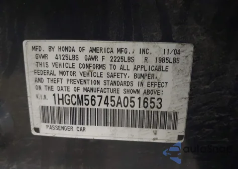 2005 Honda Accord Ex из США, поврежденный, VIN 1HGCM56745A051653